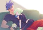  2boys ass blue_hair character_doll couch galo_thymos green_hair highres kisekisaki lio_fotia lying_on_person male_focus midriff multiple_boys open_mouth otoko_no_ko pants pectorals promare shirt sidecut sleeping spiked_hair t-shirt tight tight_shirt yoga_pants 