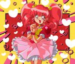  1990s_(style) 1girl absurdres bangs bow dress eyebrows_visible_through_hair hair_behind_ear heart highres looking_to_the_side magical_girl open_mouth ougon_yuusha_goldran pink_dress potiri02 red_hair retro_artstyle sharanla_sheathluh smile solo twintails yellow_bow yuusha_series 