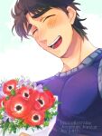  1boy ^_^ black_hair blush bouquet closed_eyes flower happy_birthday jojo_no_kimyou_na_bouken jonathan_joestar male_focus phantom_blood poppy_(flower) solo sunabu 