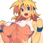  1girl :d bangs blonde_hair blue_headband blue_headwear breasts clenched_teeth commentary_request eyebrows_visible_through_hair gradient gradient_background hair_between_eyes hands_up headband large_breasts long_hair looking_at_viewer lune_zoldark metata open_mouth short_hair smile solo super_robot_wars teeth underboob upper_body upper_teeth white_background 