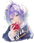  1boy androgynous apple blue_eyes blue_hair bow eating epel_felmier food fruit gr_7 highres long_sleeves looking_to_the_side multicolored_hair necktie pale_skin purple_hair ribbon solo striped_necktie twisted_wonderland 