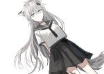  1girl animal_ear_fluff animal_ears arknights arms_behind_back bangs black_neckwear black_sailor_collar black_skirt blue_eyes chihuri closed_mouth eyebrows_visible_through_hair grey_hair hair_between_eyes hair_ornament hairclip highres lappland_(arknights) long_hair pleated_skirt sailor_collar scar scar_across_eye school_uniform serafuku shirt short_sleeves simple_background skirt solo tail very_long_hair white_background white_shirt 