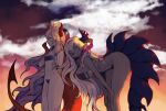  2girls blue_eyes breasts cleavage cloud dark-skinned_female dark_skin dragon_girl dragon_horns dragon_tail evening gris_swimsuit hair_over_one_eye highres horns monchizu multiple_girls original sideboob tail virtual_youtuber white_hair yellow_nails 