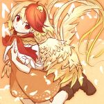  1girl animal_on_head bird bird_on_head bird_tail bird_wings blonde_hair boots brown_footwear capelet chick chicken commentary_request dress drruraguchi feathered_wings multicolored_hair niwatari_kutaka on_head orange_capelet orange_dress red_eyes red_hair red_neckwear red_ribbon ribbon shirt short_hair tail tail_feathers touhou two-tone_hair white_shirt wings yellow_wings 