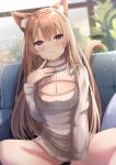  1girl animal_ears blurry blurry_background blush breasts brown_hair cat_ears cat_tail cleavage cleavage_cutout clothing_cutout dutch_angle highres looking_at_viewer medium_breasts original purple_eyes ribbed_sweater sitting smile solo sweater tail touhourh 