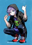  &gt;:) 1boy androgynous blue_eyes candy epel_felmier food full_body funuyu gesture highres lollipop looking_at_viewer pale_skin pointing_to_the_side purple_hair shoes smirk sneakers squatting twisted_wonderland v-shaped_eyebrows 