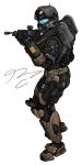  1boy absurdres aiming battle_rifle bullet bullpup commission english_commentary gloves gun halo:_reach halo_(series) highres holding holding_gun holding_weapon m392_marksman pickledgear power_armor rifle science_fiction scope signature solo spartan_(halo) visor weapon white_background 