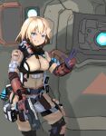  1girl blonde_hair blue_eyes breasts brown_gloves bt-7274 bubba_(watson_amelia) cosplay english_commentary eyebrows_behind_hair gloves gun hair_ornament handgun highres holding holding_gun holding_weapon hololive hololive_english knee_pads looking_at_viewer mecha medium_breasts monocle_hair_ornament pilot_(titanfall_2) pilot_(titanfall_2)_(cosplay) pilot_suit pistol re-45_auto sate short_hair titanfall_(series) titanfall_2 v v-shaped_eyebrows virtual_youtuber watson_amelia weapon 