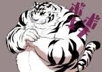  2013 anthro felid fur gadoran humanoid_hands japanese_text kemono male mammal overweight overweight_male pantherine simple_background solo text tiger white_body white_fur 