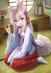  1girl :d absurdres animal_ear_fluff animal_ears ankle_socks bangs blush commentary_request eyebrows_visible_through_hair flower folded_ponytail fox_ears fox_girl fox_shadow_puppet fox_tail grey_hair hair_between_eyes hair_flower hair_ornament highres indoors iroha_(iroha_matsurika) japanese_clothes koyoi_(iroha_(iroha_matsurika)) kunoichi-chan_(iroha_(iroha_matsurika)) long_hair looking_at_viewer miko mutsuki_(iroha_(iroha_matsurika)) no_shoes on_floor original purple_eyes purple_flower red_flower smile socks solo tail tatami white_legwear 