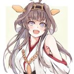  1girl ahoge bare_shoulders blush border brown_hair collarbone dairyo3 detached_sleeves double_bun eyebrows_visible_through_hair hairband headgear highres japanese_clothes kantai_collection kongou_(kancolle) long_hair nontraditional_miko open_mouth purple_eyes ribbon-trimmed_sleeves ribbon_trim smile solo upper_body white_border wide_sleeves 