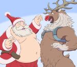  anthro beard belly bottomwear brown_body brown_fur capreoline cervid christmas christmas_clothing christmas_headwear clothing facial_hair fur gadoran hat headgear headwear holidays humanoid_hands kemono male mammal mature_male moobs navel nipples pants red_nose reindeer santa_claus santa_hat 