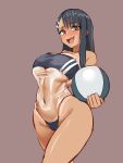  1girl 9is absurdres ball beachball black_hair brown_background brown_eyes commentary_request covered_navel dark-skinned_female dark_skin fang gris_swimsuit hair_ornament hairclip highres ijiranaide_nagatoro-san long_hair meme_attire nagatoro_hayase one-piece_swimsuit one-piece_tan see-through_swimsuit simple_background skin_fang solo standing swimsuit tan tanlines 