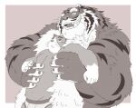  anthro bulge clothing domestic_cat duo embrace felid feline felis gadoran hug hugging_from_behind humanoid_hands kemono male male/male mammal overweight overweight_male pantherine simple_background size_difference tiger underwear 