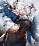  1girl 666666ttr braid braided_ponytail commentary covered_navel cowboy_shot genshin_impact hair_over_one_eye long_hair looking_at_viewer outstretched_arms parted_lips russian_commentary shenhe_(genshin_impact) solo standing white_hair wide_hips 