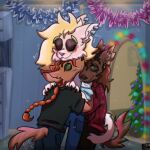  anthro black_nose blonde_hair blush brown_body brown_fur brown_hair ches_(metal_family) christmas christmas_tree claws domestic_cat ear_piercing embrace eyes_closed felid feline felis female fur glam_(metal_family) group hair hi_res holidays hug looking_up male mammal metal_family piercing pink_nose plant purring rainbowiweoku red_hair size_difference smile tan_body tan_fur tree victoria_(metal_family) 