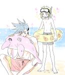  &gt;_&lt; 2boys androgynous beach blue_hair dolphin galo_thymos green_hair highres innertube kisekisaki lio_fotia male_focus male_swimwear multiple_boys promare purple_eyes sidecut snorkel sparkle spiked_hair swim_trunks topless_male toy_dolphin 