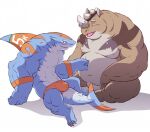  anthro belly blue_body brown_body bulge clothing duo fish gadoran humanoid_hands kemono male mammal marine moobs muscular muscular_male navel nipples overweight overweight_male rhinocerotoid shark simple_background sitting underwear white_background white_body 