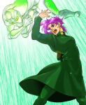  2boys blue_eyes coat earrings fighting_stance gakuran green_coat hierophant_green jewelry jojo_no_kimyou_na_bouken kakyoin_noriaki long_coat male_focus multiple_boys narrow_waist pink_hair pose school_uniform stand_(jojo) stardust_crusaders tattsun_(denden0417) 