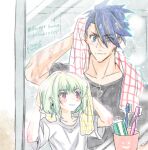  2boys absurdres androgynous blue_eyes blue_hair blush casual drying drying_hair galo_thymos green_hair height_difference highres kisekisaki lio_fotia mirror multiple_boys promare purple_eyes shirt sidecut spiked_hair t-shirt toothbrush toothpaste towel towel_on_head wet wet_hair 