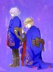  2boys androgynous annoyed blonde_hair boots bow closed_eyes crossed_arms crown epel_felmier funuyu highres looking_away multiple_boys pale_skin purple_eyes purple_hair ribbon robe scolding twisted_wonderland vil_schoenheit 