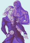  2boys absurdres hand_in_pocket hand_on_shoulder hat highres jojo_no_kimyou_na_bouken leone_abbacchio lipstick long_hair makeup male_focus mogloh1310 monochrome moody_blues_(stand) multiple_boys pectoral_cleavage pectorals plunging_neckline vento_aureo 