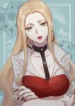  12_hnt 1girl black_neckwear blonde_hair bracelet earrings green_background green_eyes hoop_earrings jewelry lipstick long_hair looking_at_viewer makeup oleana_(pokemon) pokemon pokemon_(game) pokemon_swsh red_nails solo upper_body 