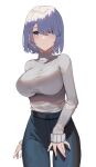  1girl \||/ arm_behind_back azur_lane bangs blue_hair blue_pants blunt_bangs breasts casual chapayev_(azur_lane) chinese_text commentary_request cowboy_shot hair_over_one_eye large_breasts legs_apart long_sleeves looking_at_viewer manu_(pixiv41646715) medium_hair open_mouth pants parted_bangs parted_lips shirt shirt_tucked_in simplified_chinese_text solo standing taut_clothes taut_shirt white_background white_hair 