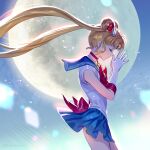  1girl banned_artist bishoujo_senshi_sailor_moon blonde_hair blue_skirt choker closed_eyes commentary_request crescent crescent_earrings double_bun earrings full_moon gloves highres jewelry long_hair midori_foo moon profile red_choker sailor_moon sailor_senshi_uniform skirt solo tsukino_usagi twintails white_gloves 