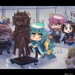  021_shiro 1boy 4girls :3 ^^^ absurdres against_wall animal_ear_fluff animal_ears artist_name bangs bare_shoulders black_footwear black_legwear blonde_hair blue_bow blue_bowtie blue_cape blue_eyes blue_gloves blue_kimono blue_legwear bow bowtie breasts brown_hair cape chocolate cleavage clipboard closed_mouth coat commentary_request detached_sleeves dragon_girl dragon_horns dress elbow_gloves eyebrows_visible_through_hair facial_hair fate/extra fate/grand_order fate_(series) fou_(fate) fox_ears fox_girl frown gauntlets glasses gloves goredolf_musik green_hair green_kimono grey_coat hair_between_eyes hair_bow hair_over_eyes hand_on_own_chin highres holding holding_clipboard horns indoors japanese_clothes kimono kiyohime_(fate) leonardo_da_vinci_(fate) leonardo_da_vinci_(rider)_(fate) letterboxed light_blush long_hair long_sleeves looking_at_another looking_at_viewer mash_kyrielight multiple_girls mustache nervous obi on_head one_eye_covered open_mouth pink_hair platform_footwear purple_eyes purple_hair pushcart pushing red_dress riyo_(lyomsnpmp)_(style) sandals sash sidelocks smile sparkle split_ponytail standing sweat tamamo_(fate) tamamo_no_mae_(fate/extra) thighhighs v-shaped_eyebrows valentine white_legwear wide_sleeves yellow_bow yellow_eyes zettai_ryouiki 