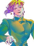  1boy blonde_hair earrings gakuran gradient_hair highres jewelry jojo_no_kimyou_na_bouken kakyoin_noriaki male_focus mogloh1310 multicolored_hair pointing purple_hair red_hair school_uniform solo stardust_crusaders 