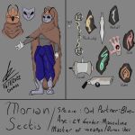  anthro avian bird blue_odyssey brown_body cosmosarts elemental_runes eye_scar facial_scar featers hi_res male mask morian_sectis owl runes scar solo weapon 