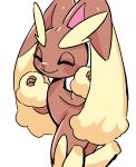  absurd_res ambiguous_gender anthro blush brown_body eyes_closed flat_chested fur hi_res jumping lagomorph looking_back lopunny mammal nintendo nude pok&eacute;mon pok&eacute;mon_(species) simple_background smile solo uyu video_games white_background 