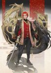  1boy black_footwear chinese_clothes coat coat_on_shoulders dywx_poison facial_hair full_body highres holding holding_sword holding_weapon male_focus one_piece red_hair scar scar_across_eye scar_on_face scarf shanks solo standing sword weapon 