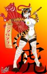  2022 alternate_costume andromorph anthro belly black_hair blue_eyes breasts chinese_new_year chinese_text chinese_zodiac covered_breasts covered_pussy fan_character felid feline female hair hi_res intersex kyubicat mammal mostly_nude navel pantherine simple_background solo stripes text tiger unknown_character 