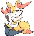  2022 absurd_res ambiguous_gender anthro braixen fur hi_res holding_object inner_ear_fluff looking_at_viewer multicolored_body nintendo pok&eacute;mon pok&eacute;mon_(species) simple_background sitting sketch smile solo tuft uyu video_games white_background white_body white_fur 