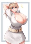  absurdres arms_behind_head belt blue_eyes blush breasts cleavage dress eyebrows_visible_through_hair highres huge_breasts in_mouth intrepid_(kancolle) kantai_collection light_brown_hair looking_at_viewer partially_unbuttoned ponytail short_sleeves simple_background sinape smile solo 