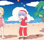  2girls bangs beach blue_eyes blue_sky boots brown_footwear closed_mouth cloud cold commentary confused cookie_(touhou) crab expressionless flat_color food frilled_swimsuit frills full_body green_eyes hat highres hisaka_(cookie) hita_(hizokuseikogeki) innertube joker_(cookie) looking_at_another looking_at_viewer mizuhashi_parsee multiple_girls ocean one-piece_swimsuit open_mouth outdoors palm_tree pink_swimsuit pointy_ears purple_eyes purple_hair remilia_scarlet sandals santa_costume santa_hat short_hair sky sun swimsuit taiyaki touhou tree trembling wagashi water waves 