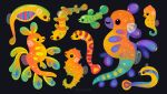  animal animal_focus artist_name black_background black_eyes closed_mouth eel fins fish green_eyes heart leafy_seadragon no_humans open_mouth orange_eyes original pikaole pink_eyes seahorse simple_background smile spots tail_fin 