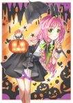  1girl akira_ituki animal_ears bare_legs bent_over black_bow black_bowtie black_skirt black_umbrella border bow bowtie closed_mouth green_bow green_eyes grey_ribbon hair_bow halloween halloween_costume holding holding_lantern holding_umbrella jack-o&#039;-lantern lantern leaning_forward long_hair looking_at_viewer macross macross_7 miniskirt mylene_jenius pink_hair pointy_ears polka_dot polka_dot_scrunchie rabbit_ears scrunchie shiny shiny_hair shirt skirt sleeveless sleeveless_shirt smile solo standing striped striped_background umbrella very_long_hair white_border white_shirt 