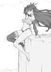  10mo 1girl arm_support breasts commentary_request detached_sleeves earrings fate/grand_order fate_(series) full_body greyscale highres hoop_earrings ishtar_(fate) jewelry long_hair medium_breasts monochrome navel single_thighhigh sitting solo thighhighs toeless_legwear 