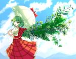  1girl bane_tukumo bangs blue_sky bow cloud commentary_request day eyebrows_visible_through_hair feet_out_of_frame from_side green_hair green_wings highres holding holding_umbrella kazami_yuuka leaf looking_at_viewer looking_back medium_hair open_mouth outdoors parasol plaid plaid_skirt plaid_vest plant plant_wings red_bow red_eyes red_skirt red_vest shirt short_hair short_sleeves skirt skirt_set sky smile solo standing touhou umbrella umbrella_bow vest wavy_hair white_shirt white_umbrella wings 