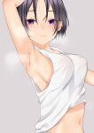  1girl absurdres arm_up armpits baggy_clothes bare_shoulders black_hair blush breasts cleavage closed_mouth clothes_lift collarbone eyebrows_visible_through_hair forehead from_side grey_background highres large_breasts looking_at_viewer navel no-a-021 no_bra original parted_hair purple_eyes shirt shirt_lift short_hair sideboob simple_background solo sweat tank_top upper_body white_shirt 