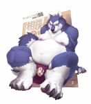  2019 absurd_res anthro asian_clothing belly black_nose blue_body blue_fur canid canine canis clothing east_asian_clothing fundoshi fur hi_res japanese_clothing male mammal moobs navel nipples overweight overweight_male sitting solo underwear white_body white_fur wolf wolver_mustang 