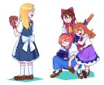  4girls alice_margatroid ascot bangs baseball_bat baseball_mitt black_gloves black_skirt black_vest blonde_hair blue_dress bois_de_justice bow braid brown_eyes brown_footwear brown_hair capelet closed_eyes closed_mouth collared_shirt commentary_request cookie_(touhou) detached_sleeves dies_irae dress eyebrows_visible_through_hair fang frilled_hairband frilled_neckwear frilled_skirt frills full_body glasses gloves hair_bow hair_tubes hairband hakurei_reimu highres hinase_(cookie) hita_(hizokuseikogeki) holding holding_baseball_bat horn_bow horn_ornament horns ibuki_suika kirisame_marisa long_hair looking_at_another multiple_girls necktie open_mouth purple_bow purple_skirt rectangular_eyewear red-framed_eyewear red_ascot red_bow red_hairband red_necktie red_shirt red_skirt reu_(cookie) shinza_bansho_series shirt short_hair side_braid single_braid skirt sleeveless sleeveless_shirt smile socks squatting standing touhou transparent_background uzuki_(cookie) vest white_bow white_capelet white_legwear white_sleeves yamin_(cookie) yellow_ascot 