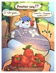 &lt;3 2021 animal_crossing anthro apple belly blush bottomless bovid caprine clothed clothing detailed_background dialogue feeding food goat hi_res male mammal moobs mulberrytarthorse nintendo obese obese_anthro obese_male overweight overweight_anthro overweight_male partially_clothed plant rumbling_stomach sherb_(animal_crossing) smile solo_focus stuffed_belly sweater topwear tree video_games 