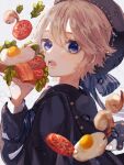  1boy artist_request bacon blonde_hair blue_eyes commentary egg_(food) food from_side hair_between_eyes hat holding holding_food lettuce looking_at_viewer male_focus open_mouth original shrimp solo teeth toast tomato 