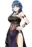  1girl alternate_costume armlet bangs bare_shoulders black_dress blue_eyes blue_hair bracelet breasts byleth_(fire_emblem) byleth_(fire_emblem)_(female) choker cleavage commentary_request cowboy_shot dancer dancer_(three_houses) dress eyebrows_visible_through_hair fire_emblem fire_emblem:_three_houses grin hand_on_hip highres hip_vent jewelry large_breasts long_hair looking_at_viewer side_slit simple_background single-shoulder_dress smile solo standing thighs thrananaart white_background 