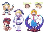  1boy 5girls absurdres alice_margatroid apron bangs baseball_bat baseball_mitt black_headwear black_shirt black_skirt black_vest blonde_hair blue_dress bois_de_justice bow braid broken_heart brown_hair capelet chibi closed_eyes closed_mouth commentary_request cookie_(touhou) dies_irae dress english_text eyebrows_visible_through_hair frilled_capelet frilled_neckwear frills full_body go_(inmu) hair_bow hat hat_bow hecatia_lapislazuli highres hinase_(cookie) hita_(hizokuseikogeki) holding holding_baseball_bat kaibara_elena_(cookie) kirisame_marisa ktgijgkgdusimn_(cookie) long_hair manatsu_no_yo_no_inmu moriya_suwako multiple_girls nail nail_bat necktie open_mouth parody_request plaid plaid_skirt red_bow red_hair red_headwear red_necktie red_skirt shinza_bansho_series shirt shoes short_hair side_braid single_braid skirt smile socks star_(symbol) suzu_(cookie) touhou transparent_background vest waist_apron white_apron white_bow white_capelet white_legwear witch_hat 