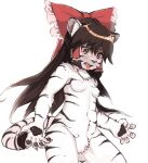  2022 after_transformation alternate_species anthro breasts brown_hair felid female fingerpads fur hair hi_res inner_ear_fluff long_hair low-angle_view mammal navel nipples nude open_mouth pawpads reimu_hakurei simple_background solo striped_body stripes toribako touhou tuft video_games white_background white_body white_fur 